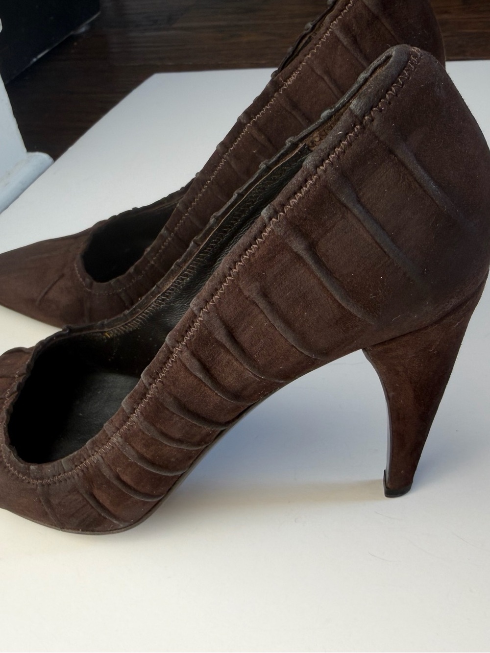 Prada Camoscio Plisse Women's Dark Brown Suede Heels - Picture 11 of 15